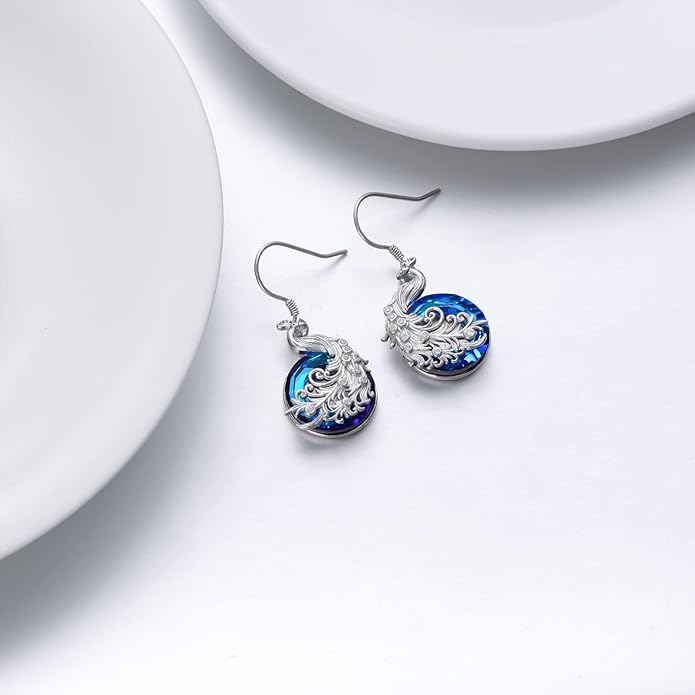PELOVNY Animal Dangle Earrings Sterling Silver Hypoallergenic Moss Agate Crystal Moonstone Earrings Bee Butterfly Dolphin Peacock Phoenix Jewelry Birthday Christmas Gifts for Women