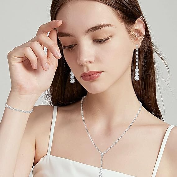 Silver Crystal Bridal Jewelry Set, Teardrop Dangle Earrings Rhinestone Necklace Bracelet for Bride Bridesmaid Crystal Bridal Wedding Party Jewelry Sets