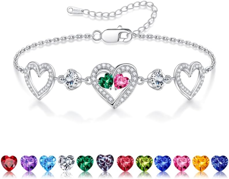Iefil Valentines Day Gifts for Her - 925 Sterling Silver Heart Birthstone Bracelet Birthday Anniversary Jewelry Gifts for Her Wife