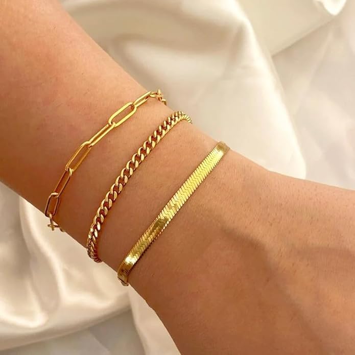 Gold Bracelets Set for Women Non Tarnish Trendy,14K Gold Plated Dainty Stackable Paperclip Cuban Link Chain Bracelets, Simple Cute Cuff Bracelets Jewelry Set Adjustable 7"+2"