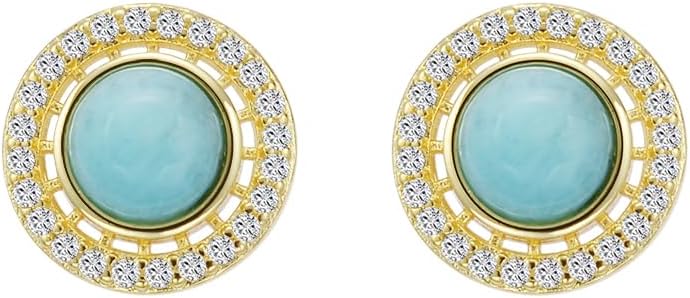 Larimar Stone Stud Earrings for Women, Gold Plated Brass