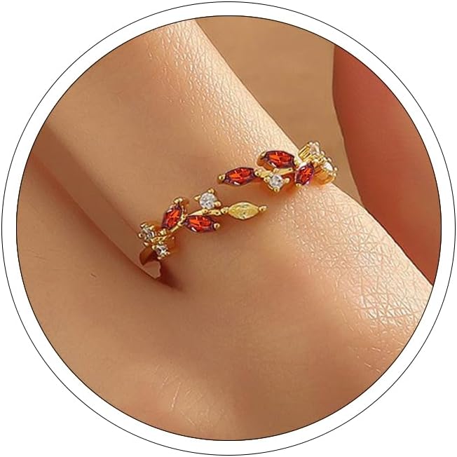 Gold Rings Non Tarnish Silver Adjustable Rings for Women Cubic Zirconia Leaf Ring Dainty Silver Stackable Ring for Women