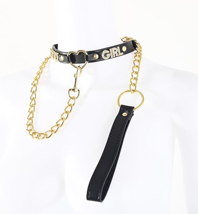 Succuba Handmade Heart Ring Rhinestone Letter Pu Leather Choker Collar Necklace for Women and Men