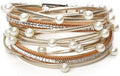 Fesciory Leopard Bracelet for Women, Boho Leather Wrap Multi-Layer Pearl Crystal Bracelet Bangle Jewelry