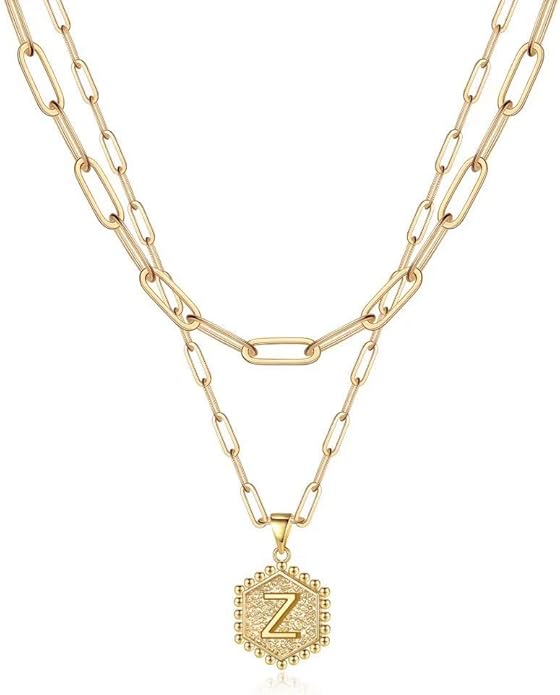 M MOOHAM Valentines Gifts for Women Teen Girls, 14K-Gold-Plated Initial Necklaces for Women Cute Hexagon Letter Initial Necklace Layered Necklaces for Womens Teen Girl Valentines Jewelry Gifts