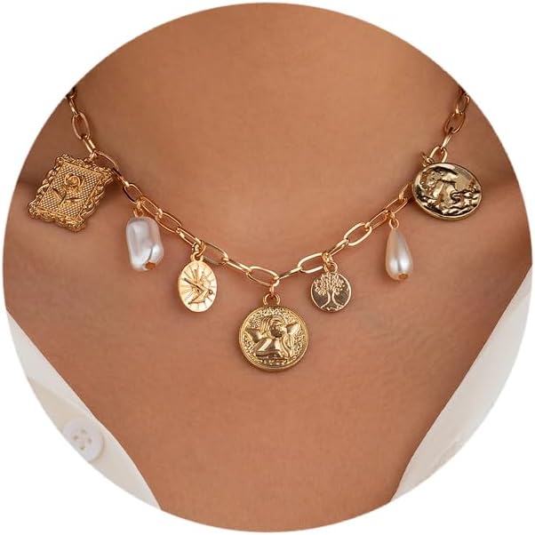 Gold Chic Charm Necklace for Women With White Pearl Square Pendant Adjustable Retro Boho Beach Style Trendy Summer Shell Pearl Coin Paperclip Chain Necklaces Jewelry for Women (style2)