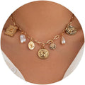 Gold Chic Charm Necklace for Women With White Pearl Square Pendant Adjustable Retro Boho Beach Style Trendy Summer Shell Pearl Coin Paperclip Chain Necklaces Jewelry for Women (style2)