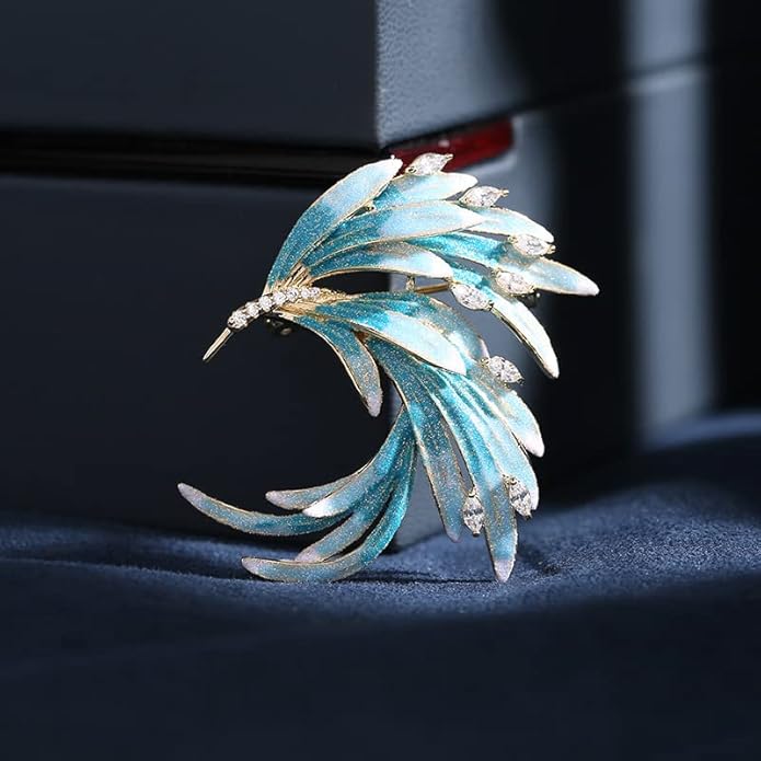 14K Gold Phoenix Tail Feather Brooch, Sparkling Moissanite Enamel Brooch - Beautiful Brooch Jewelry Gift