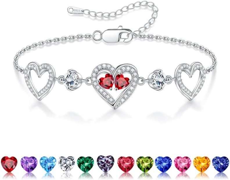 Iefil Valentines Day Gifts for Her - 925 Sterling Silver Heart Birthstone Bracelet Birthday Anniversary Jewelry Gifts for Her Wife