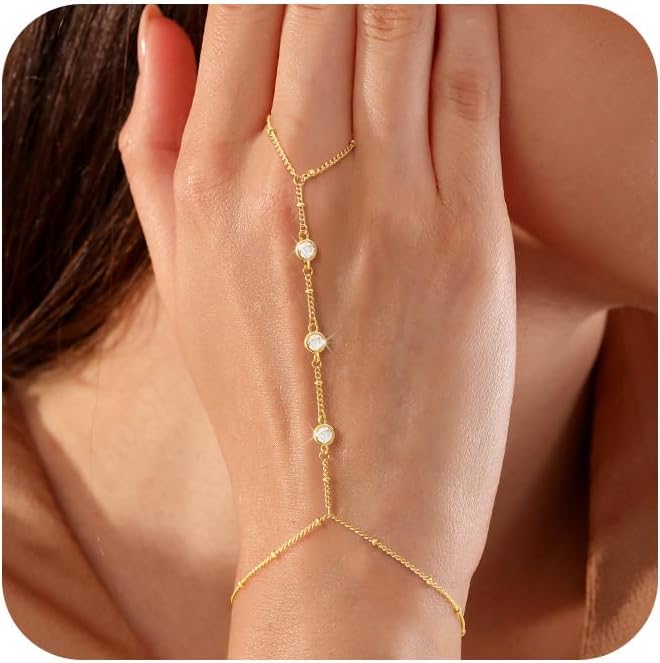 CHESKY 14K Gold Plated Hand Chain Bracelets for Women Set - Dainty Finger Ring Bracelet Stack Adjustable Hand Chains Durable Beaded Bracelets Trendy Simple Body Jewelry Gift for Women