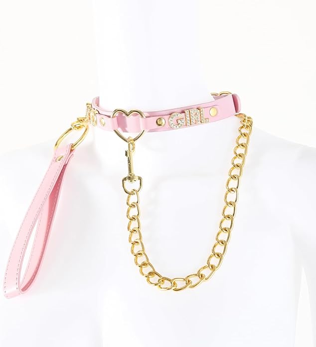 Succuba Handmade Heart Ring Rhinestone Letter Pu Leather Choker Collar Necklace for Women and Men