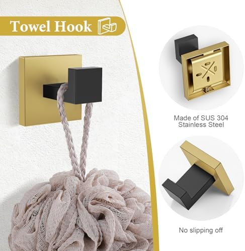TURS 4-Piece Bathroom Hardware Set Black and Brushed Gold Towel Bar Holder Set - Image 4
