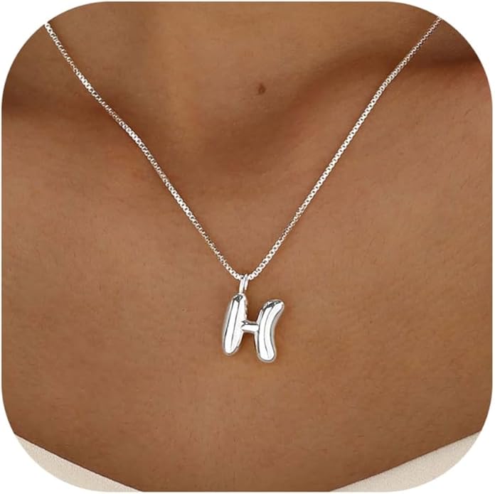 Bubble Gold Silver Letter Necklace Initial Necklaces for Women Trendy 14K Dainty Charm Pendant Name Necklace Personalized Jewelry Gift for Women Teen