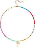 Beaded Initial Necklace for Women, Boho Natural Stone Semi-Precious Stone 18K Gold Plated Letter Pendant Rainbow Colorful Trendy Alphabet Dainty Choker Jewelry for Women Summer Beach Party