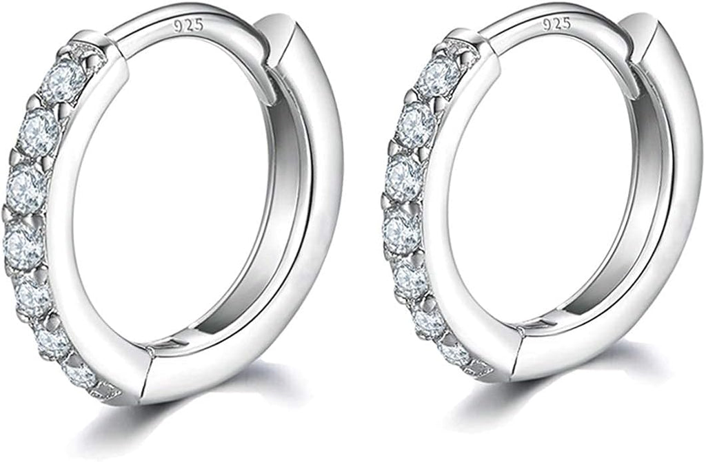 925 Sterling Silver Small Hoop Earrings Cubic Zirconia Huggie Hoop Earrings, 3 Pairs 14K White Gold Plated Cartilage Piercing Earrings Ear Cuff Tiny Hoop Earrings for Women Men