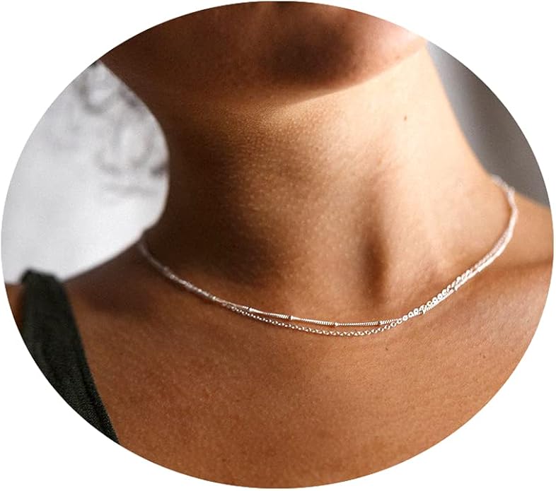 CHESKY 14k Gold Plated/Silver Plated Dainty Necklace for Women, Trendy Satellite Choker Necklace Thin Beaded Layered Choker Necklaces Discs Paperclip Chain Necklaces Womens Simple Jewelry