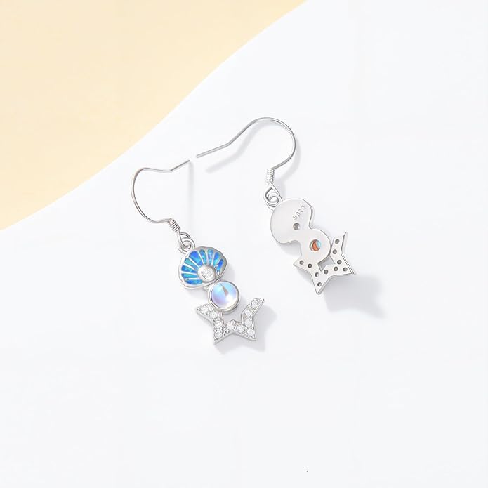 Starfish Shell Earrings 925 Sterling Silver Starfish Dangle Earrings Moonstone Earrings Seashell Dangle Earrings with Blue Opal Ocean Summer Vacation Beach Jewelry Gift