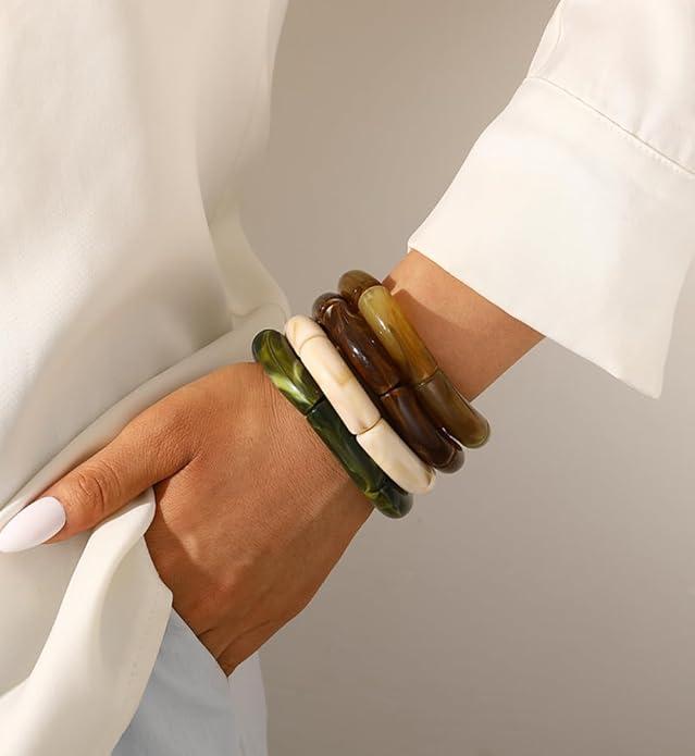 iF YOU 6pcs Chunky Acrylic Bangle Bracelets for Women, Resin Bamboo Brown Stretchy Bracelet Stack, Fashion Jewelry for Women