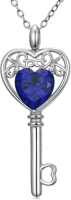 WSX Heart Key Birthstone Necklace for Women 925 Sterling Silver Love Key Pendant with Birthstone Valentine's Day Anniversary Jewelry Gift for Her
