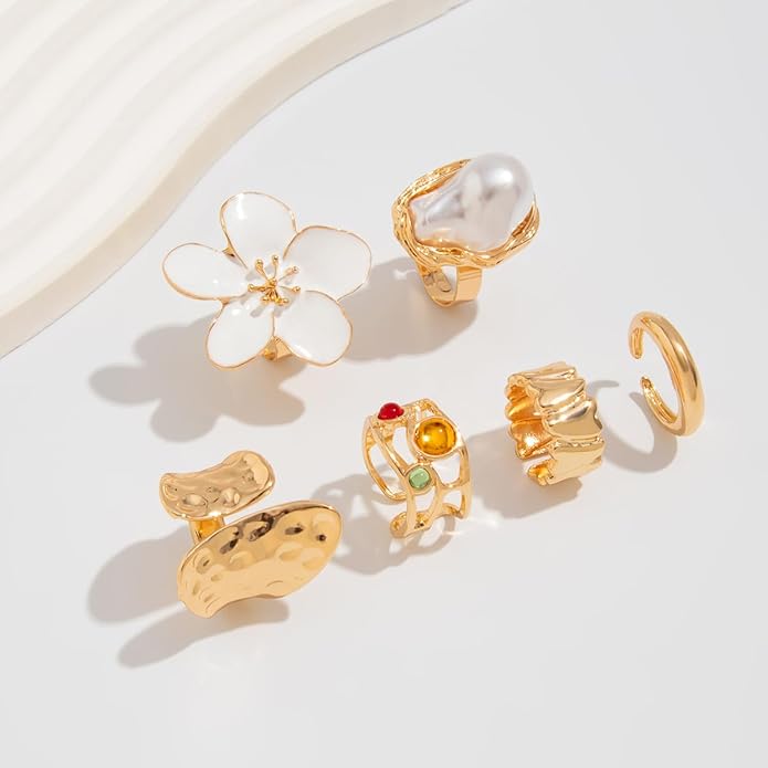 CJIAYUJEW Chunky Gold Flower Rings Pearl Stacking Statement Rings for Women Silver Chunky Knuckle Ring Set Adjustable Pearl Finger Ring Sets
