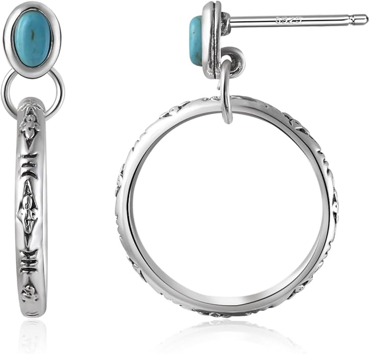Natural Turquoise Gemstone Birthstone Stud Earrings with Circle Dangle Hoop Earrings Boho style for Vintage Western Jewelry