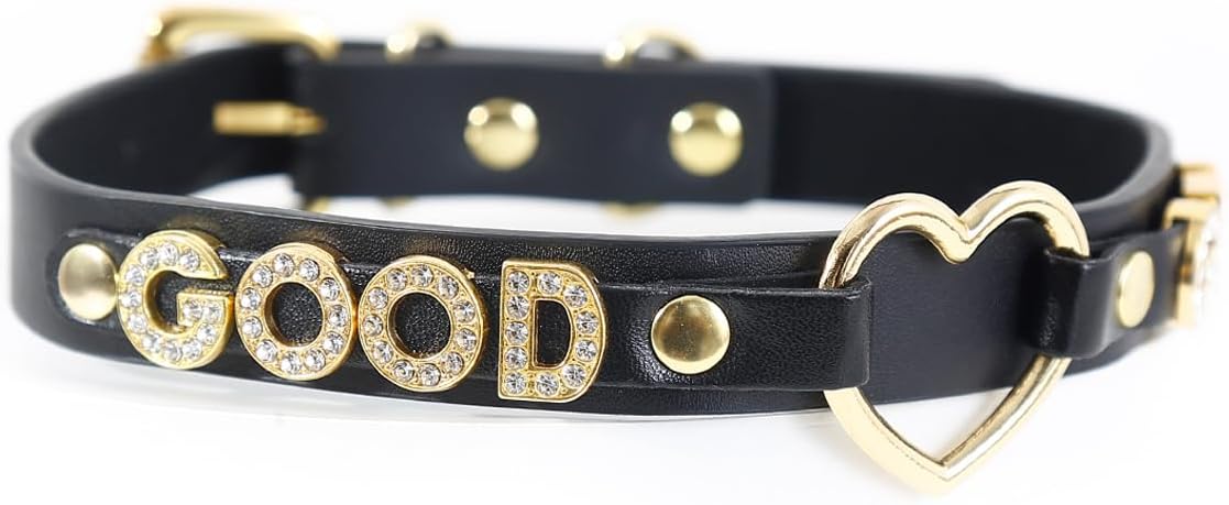 Succuba Handmade Heart Ring Rhinestone Letter Pu Leather Choker Collar Necklace for Women and Men
