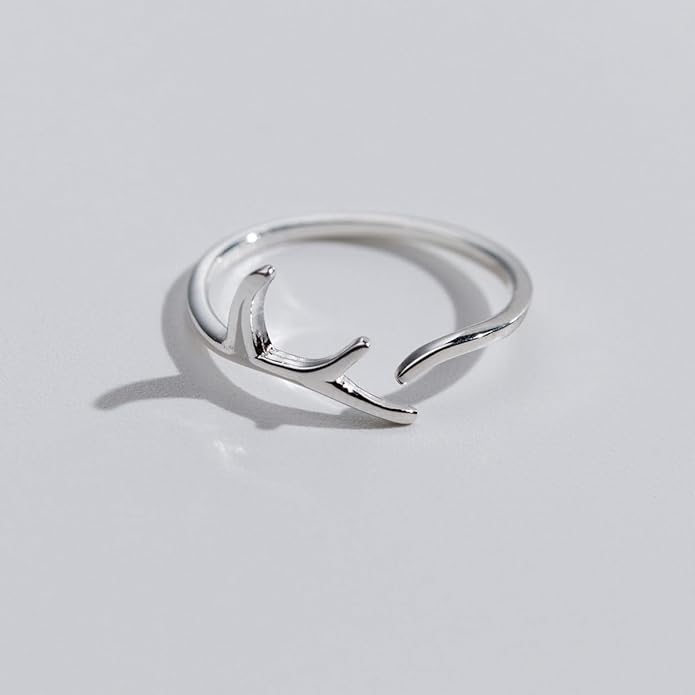 Amkaka Adjustable Rings for Women S925 Sterling Silver Christmas Antlers Open Ring Minimalist Hypoallergenic Ring Gift