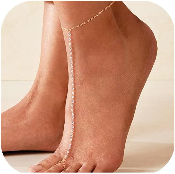 Dainty Anklet for Women - Trendy 14K Gold Plated Ankle Bracelets Adjustable Bead Link Chain Waterproof Pearl CZ Anklets Non Tarnish Foot Jewelry Gift