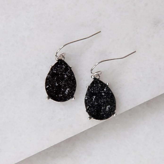 Teardrop Dangle Earrings for Women with Simulated Druzy Stones in Gold or Silver Tone