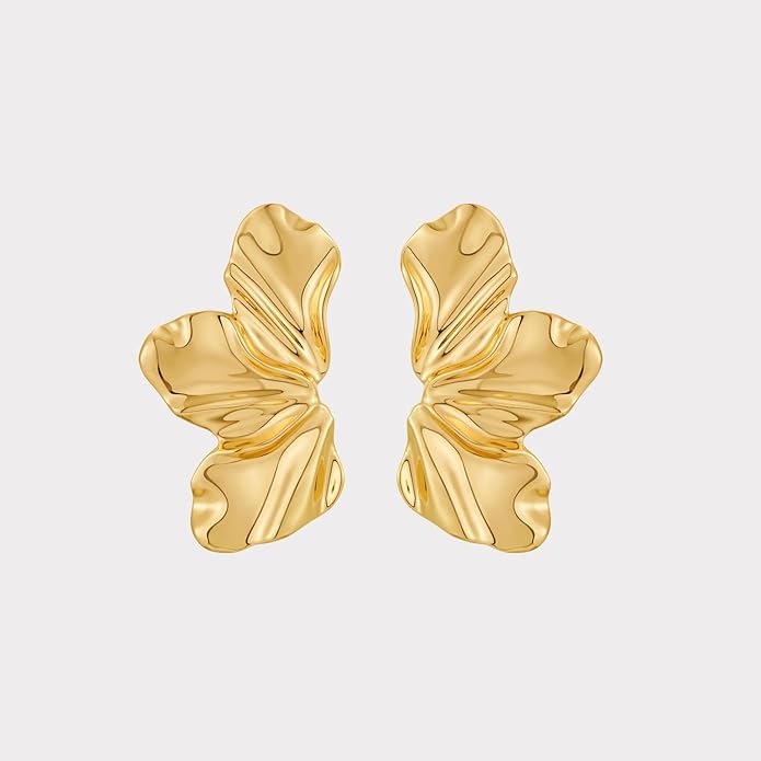 Chunky Gold Statement Earrings For Women Gold Plated Sectored Flower Leaf Shell Angel Wing Earrings Trendy Boho Jewelry For Women Large Stud Earrings Hypoallergenic Earrings
