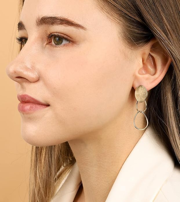 OZEL Gold Dangle Earrings for Women Brushed Finish, Matte Gold Statement Jewelry, 14k Gold Plated