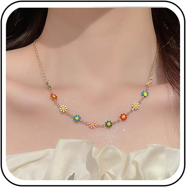 Vintage Layered Colorful Flower Necklace Multi Color Daisy Flower Choker Necklace Gold Rainbow Daisy Necklace Enamel Floral Necklace Chain Jewelry for Women