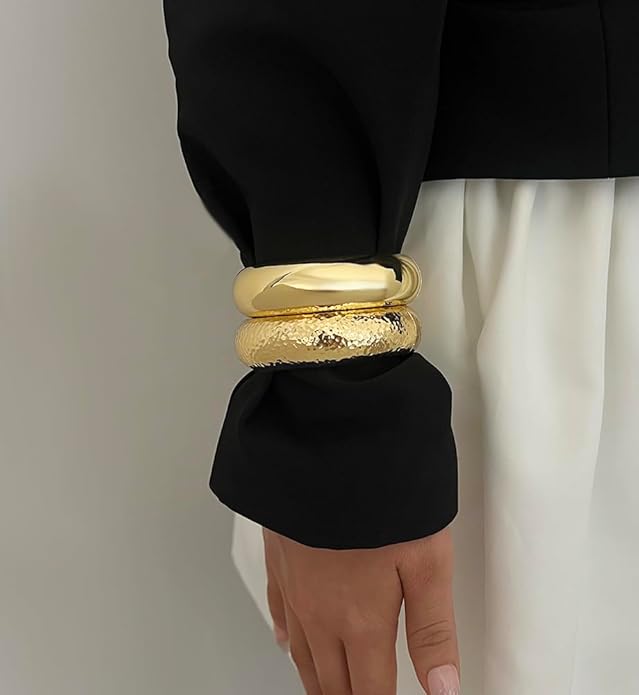 Chunky Gold Bangle Bracelets for Women, Dainty 14k Gold Plated Big Stackable Bangles Set, Trendy Statement Cuff Bracelet Stack Fashion Jewelry Christmas Gifts