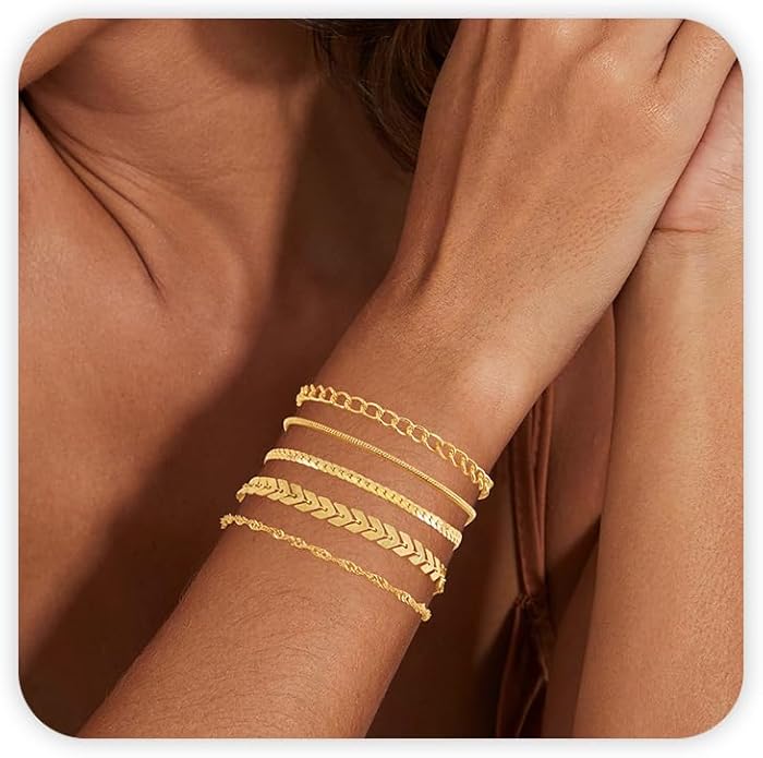 VIBILIA Dainty Gold Chain Bracelet for Women Trendy Stackable Adjustable Layered Metal Bracelet Gold Plated Twist Link Figaro Chain Paperclip Bracelets Fashion Jewelry