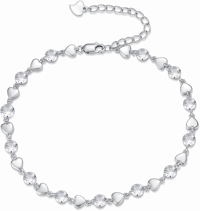 Birthstone Charm Link Bracelet 925 Sterling Silver Rose/Heart/Mom Bracelet with 12 Months Birthstone Mother's Day Gift Jewelry Gifts for Women,Chain Length 7"+2" Extend