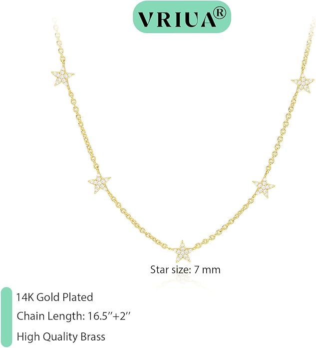 VRIUA Necklaces for Women - 14K Gold/Silver Plated Dainty Chain Necklace with Five Charms: Diamond, Bow, Snowflake, Cross, Flower, Clover, Butterfly, Heart, Star of David, and Star Trendy Jewelry