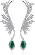14K Gold Gemstone Feather Clip On Earrings for Women,Dainty Waterdrop Emerald Moissanite Angel Wing Ear Cuff,Fashion Christmas Jewelry Gift for Her