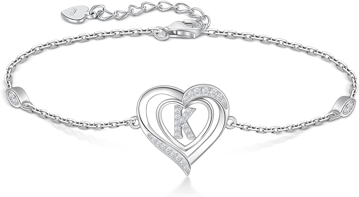 RIVIKO Heart Initial Bracelets for Women,925 Sterling Silver Letter Bracelets, Personalized Charm Alphabet Jewelry Valentines Christmas Mother’s Day Birthday Gifts for Women Friend Her Mom Wife Lady