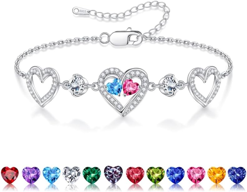 Iefil Valentines Day Gifts for Her - 925 Sterling Silver Heart Birthstone Bracelet Birthday Anniversary Jewelry Gifts for Her Wife