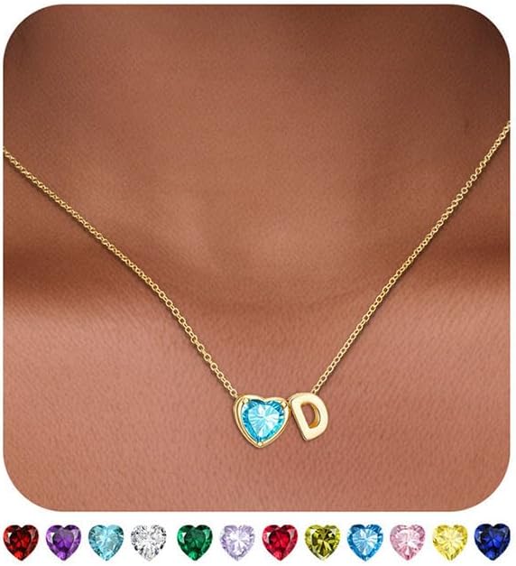 Valentines Day Gifts for Her- Heart Birthstone Initial Necklace for Women Girls,14K Gold Plated Heart Letter A-Z Necklace Birthday Trendy Jewelry Gifts for Women Girls Daughter