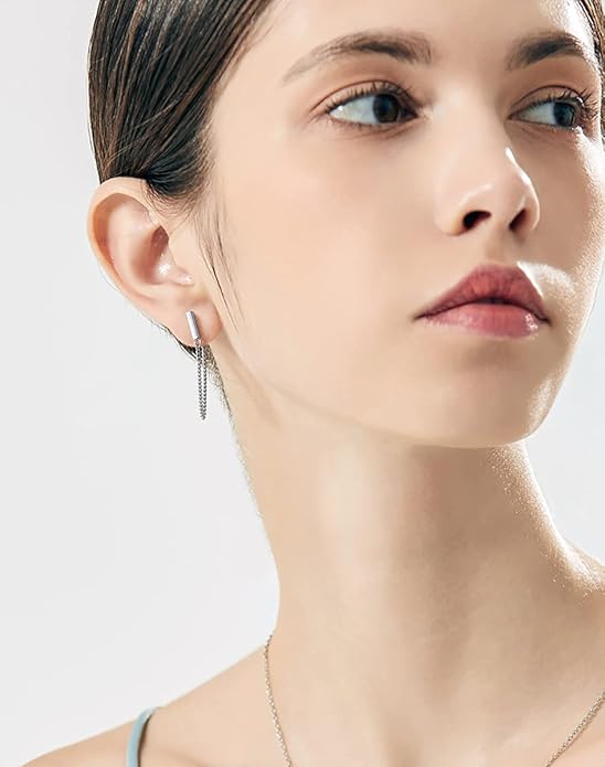 Reffeer Solid 925 Sterling Silver Stud Earrings Minimalist Bar Earrings with Chain Dangle Earrings For Women