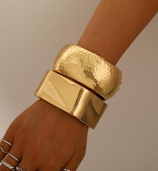 Chunky Gold Bangle Bracelets for Women, Dainty 14k Gold Plated Big Stackable Bangles Set, Trendy Statement Cuff Bracelet Stack Fashion Jewelry Christmas Gifts