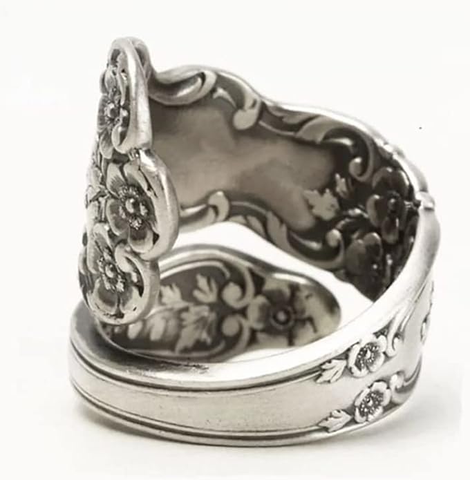 Vintage Flowers Spoon Rings Promise Wedding Engagement Statement Boho Circling Rose Flower Cluster Finger Open Ring Adjustable Extendable Wrap Bands for Women Men Retro Jewelry