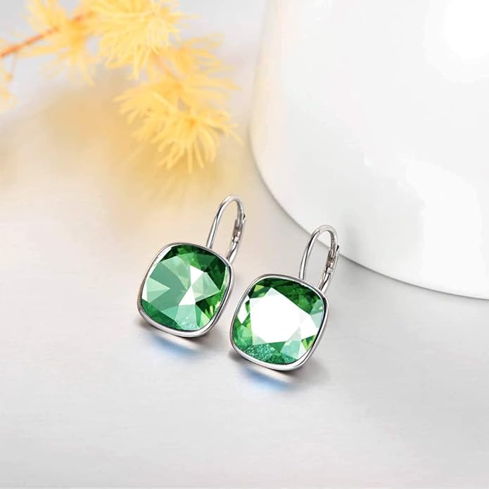 AOBOCO Sterling Silver Leverback Earrings Embellished with Crystals from Austria, Hypoallergenic Cushion Cut Square Crystal Earrings, Fine Anniversary Birthday Jewelry Gifts for Women