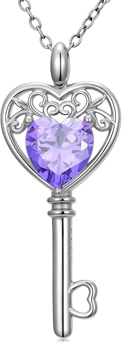 WSX Heart Key Birthstone Necklace for Women 925 Sterling Silver Love Key Pendant with Birthstone Valentine's Day Anniversary Jewelry Gift for Her