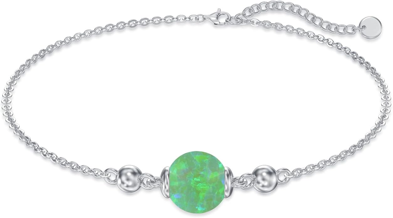 Opal Anklet/Bracelets for Women, S925 Sterling Silver Adjustable Foot Beaded Round Charm Ankle Bracelet Anklets Jewelry Anniversary Birthday Gifts for Women-1