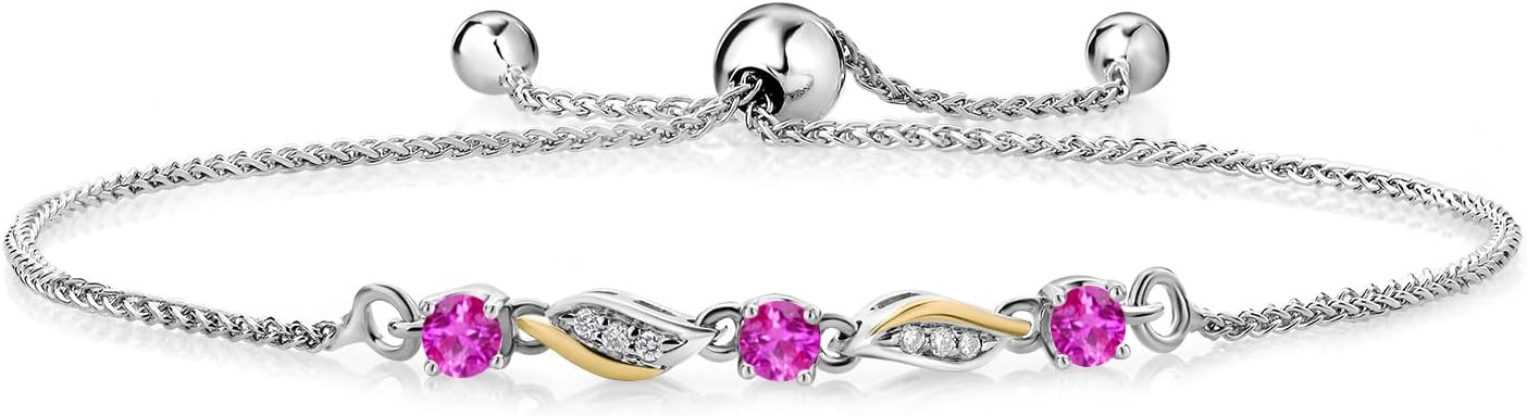 Gem Stone King 3-Stone Adjustable Bracelet for Women | 925 Silver and 10K Yellow Gold | Gemstone Birthstone and Lab Grown Diamond | Round 3MM | Two-Tone Adjustable Tennis Bracelet Up to 9 Inch