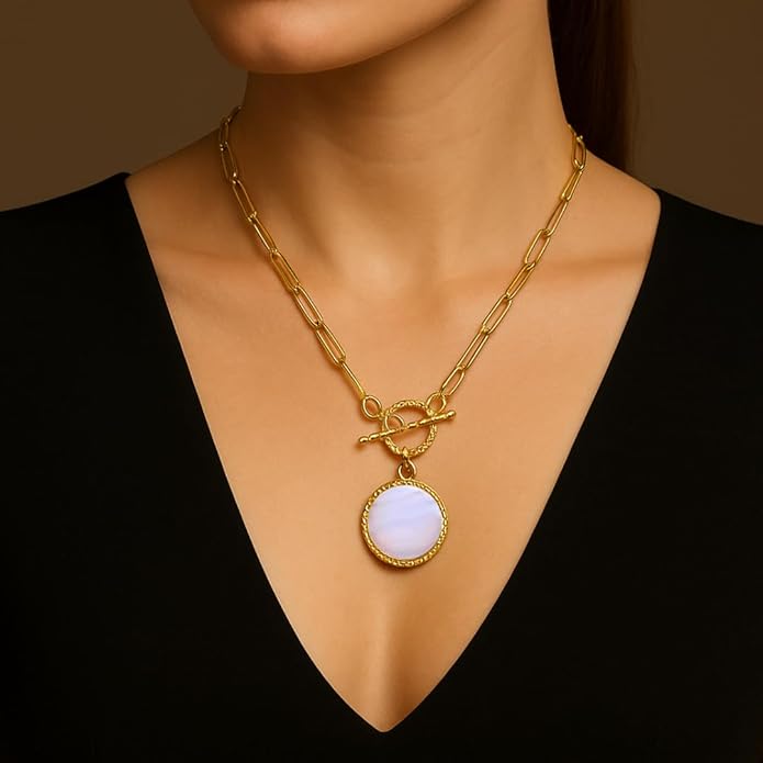 Gempires Gemstone Coin Front Toggle Pendant Necklace for Women with Gold Paperclip Chain, Natural Crystal Pendant with Toggle Clasp, Handcrafted Perfect Jewelry Gift for her