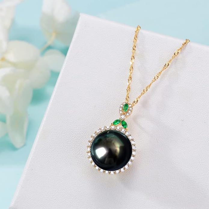 Gifts for Women- Tahitian-Black-Pearl-Necklace for Women, 12-13mm Real South Sea Pearls Pendant Sterling Silver Plated 18K Gold With Urquoise- Christmas Mothers Day Valentine's Day Jewelry