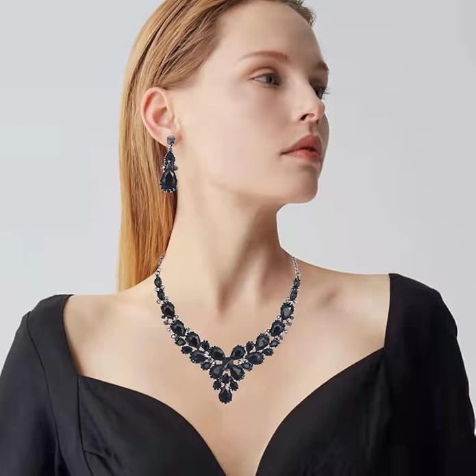 Women's Wedding Bridal Austrian Crystal Glass Teardrop Statement Necklace Dangle Earrings Bracelet Ring Wedding Party Jewelry Set for Bridal Bridesmaid